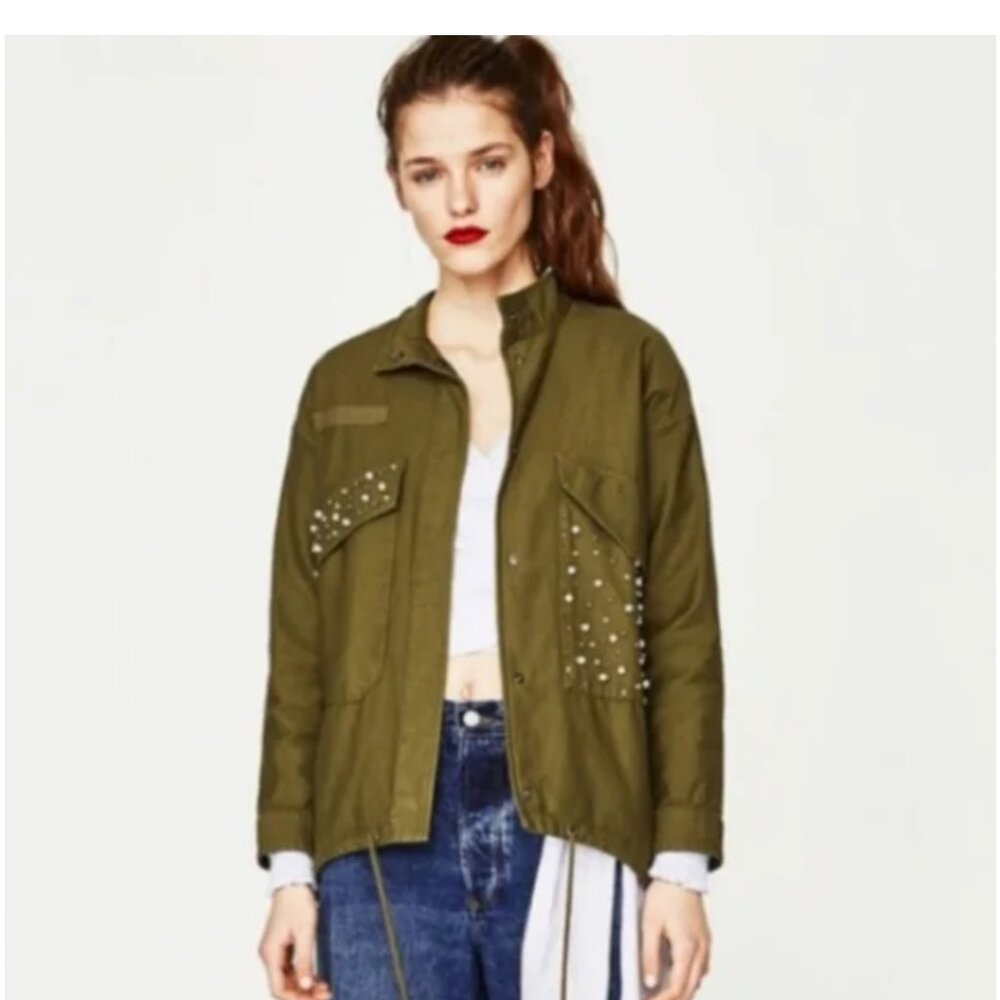 TRF Outerwear Oversized Green Jacket with Pearl and Silver beading